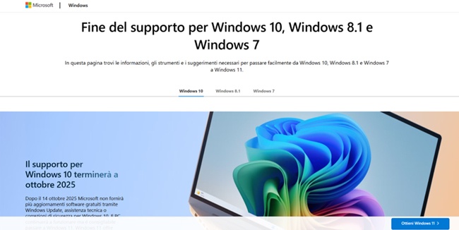 Sito Windows con annuncio fine supporto